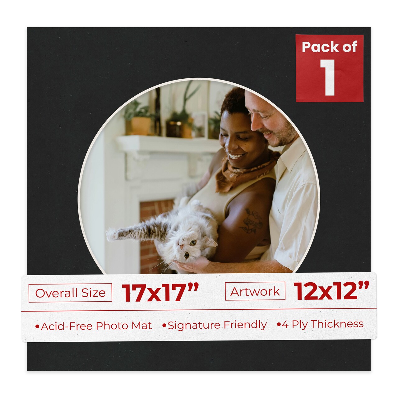 Black Suede Mat Board for 17x17 Frames - Circle Opening for 12x12 Photos